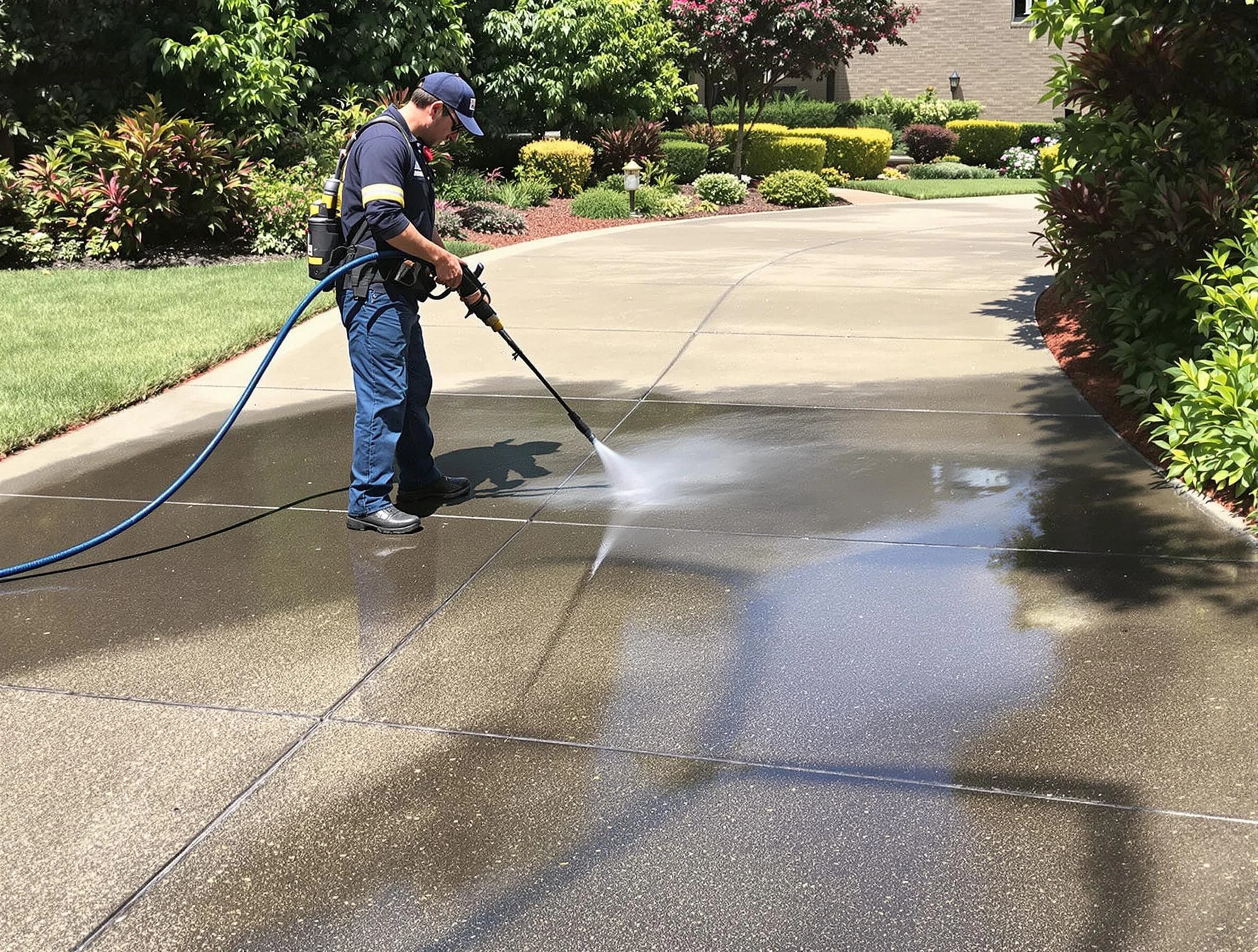 Experienced Macedonia Power Washing team member pressure washing a driveway in Macedonia